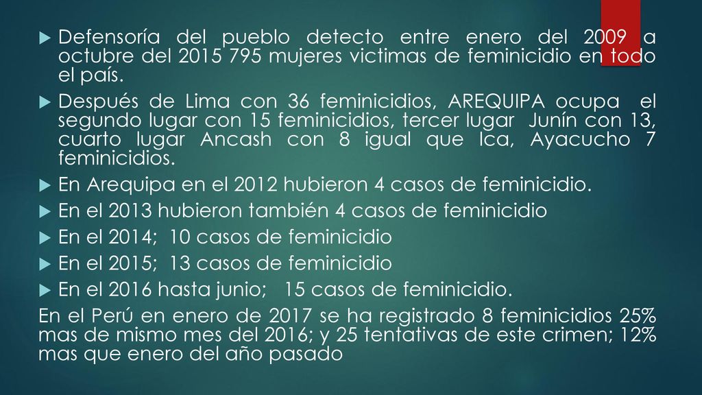 Defensoría del pueblo detecto entre enero del 2009 a octubre del mujeres victimas de feminicidio en todo el país.
