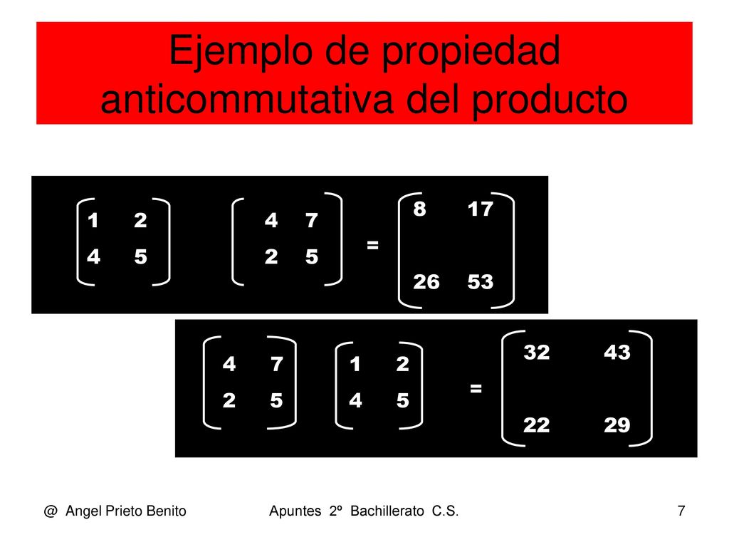 Ejemplo de propiedad anticommutativa del producto