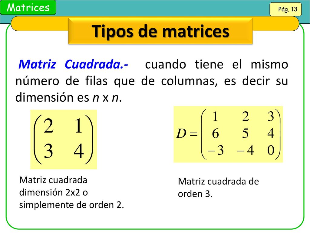 Tipos de matrices Matriz Cuadrada.- cuando tiene el mismo número de filas que de columnas, es decir su dimensión es n x n.