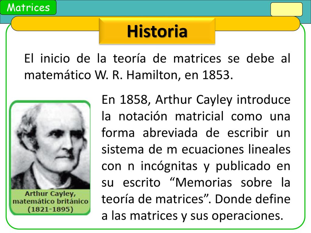 Historia El inicio de la teoría de matrices se debe al matemático W. R. Hamilton, en