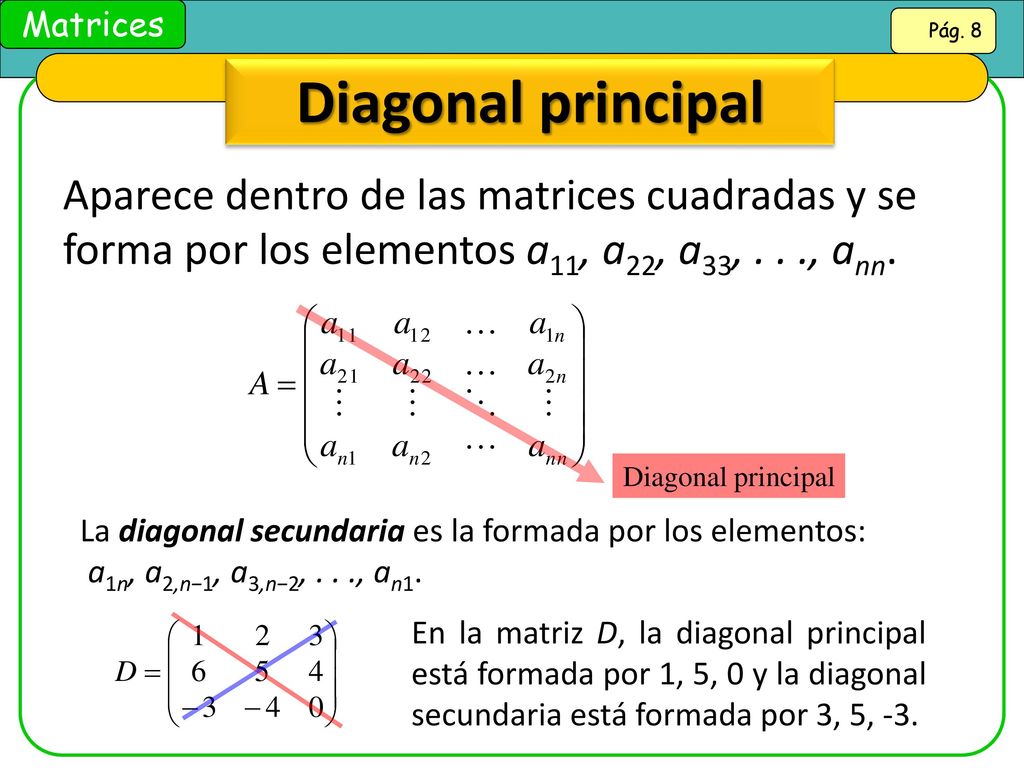 Diagonal principal Aparece dentro de las matrices cuadradas y se forma por los elementos a11, a22, a33, . . ., ann.