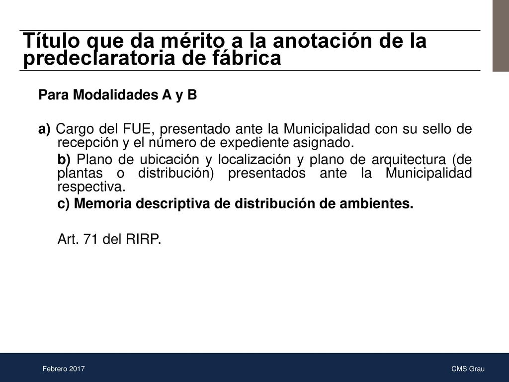 Título que da mérito a la anotación de la predeclaratoria de fábrica