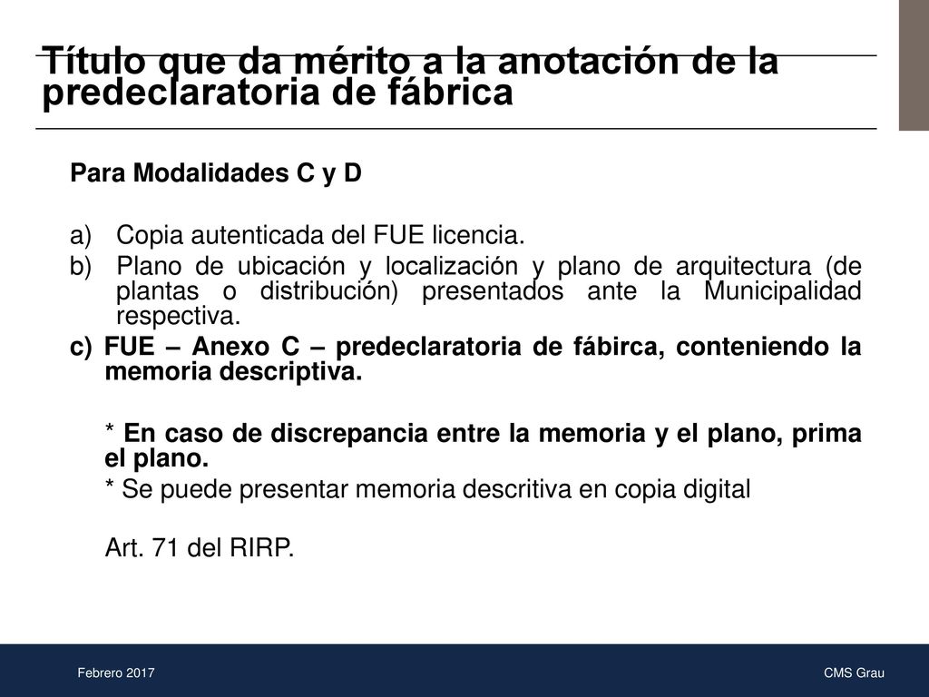 Título que da mérito a la anotación de la predeclaratoria de fábrica