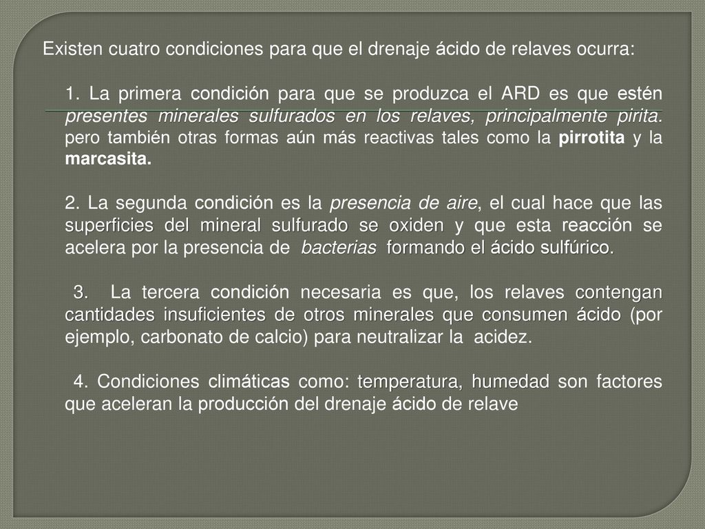 Existen cuatro condiciones para que el drenaje ácido de relaves ocurra: