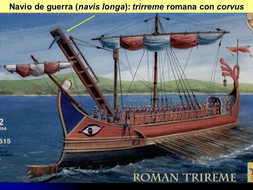 Navío de guerra (navis longa): trirreme romana con corvus