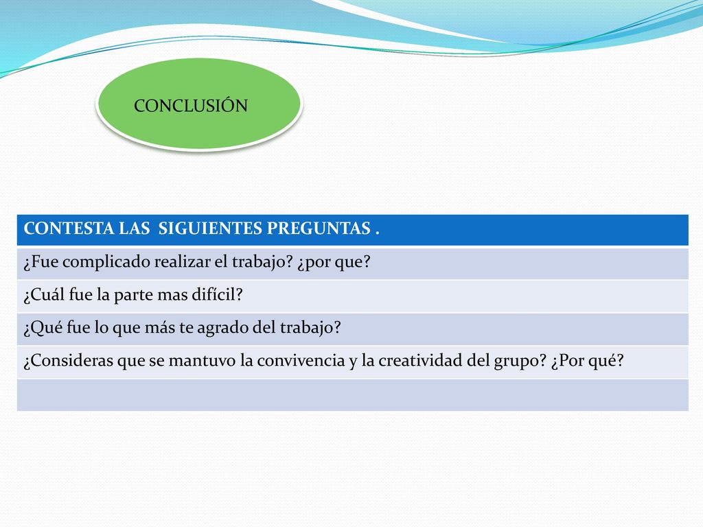 CONCLUSIÓN CONTESTA LAS SIGUIENTES PREGUNTAS . ¿Fue complicado realizar el trabajo ¿por que ¿Cuál fue la parte mas difícil