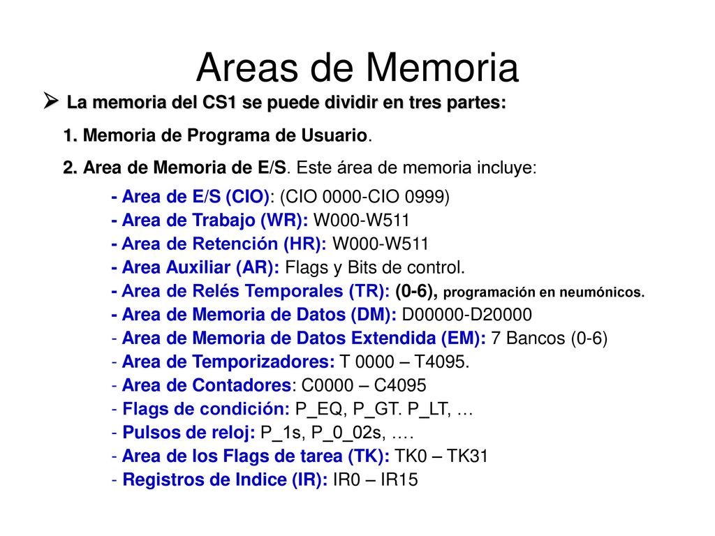 Areas de Memoria  La memoria del CS1 se puede dividir en tres partes: