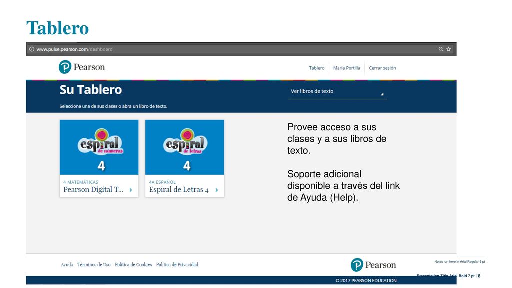 Tablero Provee acceso a sus clases y a sus libros de texto. Soporte adicional disponible a través del link de Ayuda (Help).