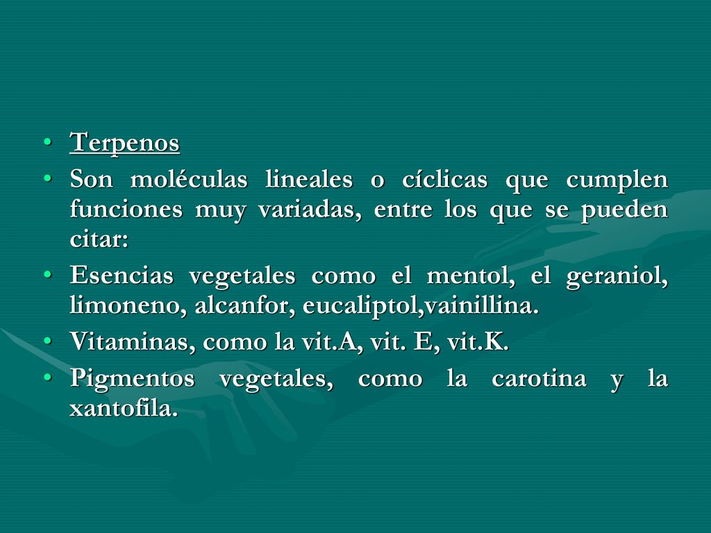 Terpenos Son moléculas lineales o cíclicas que cumplen funciones muy variadas, entre los que se pueden citar: