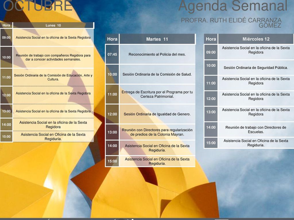 Agenda Semanal OCTUBRE Cabildo Torreón PROFRA. RUTH ELIDÉ CARRANZA