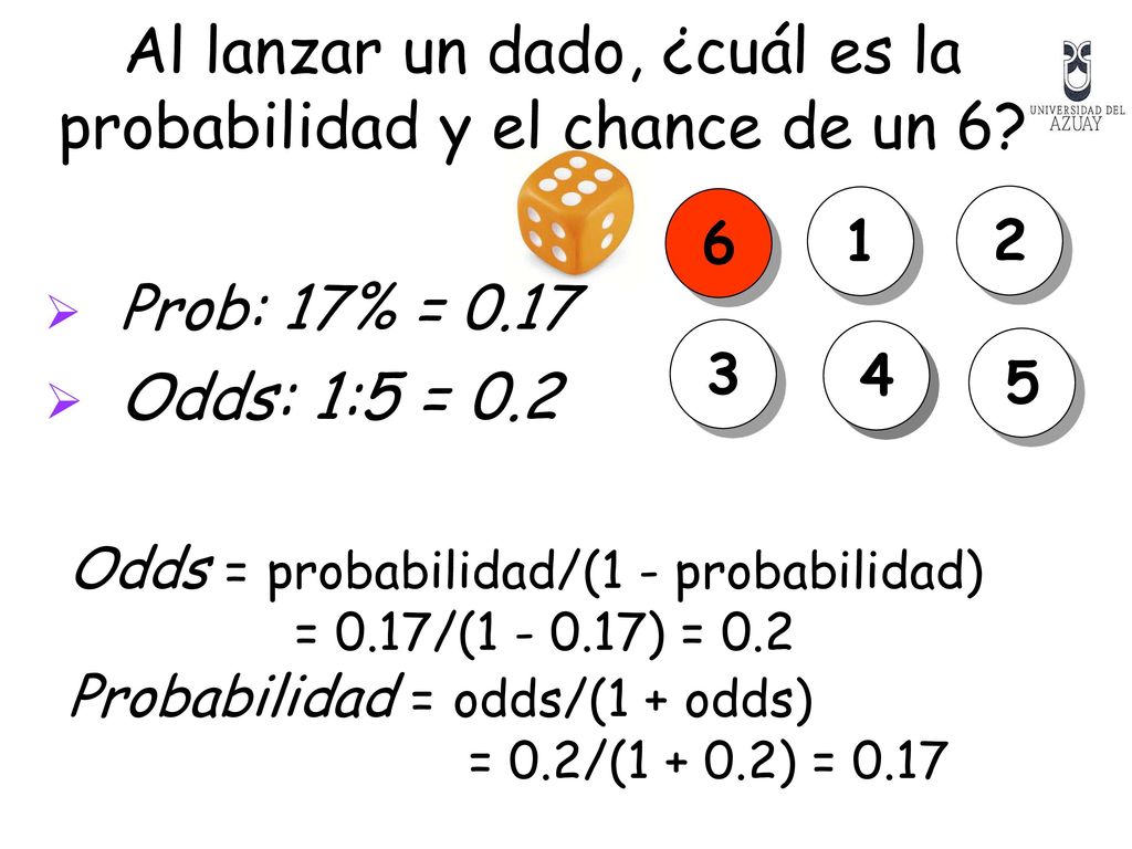 Al lanzar un dado, ¿cuál es la probabilidad y el chance de un 6