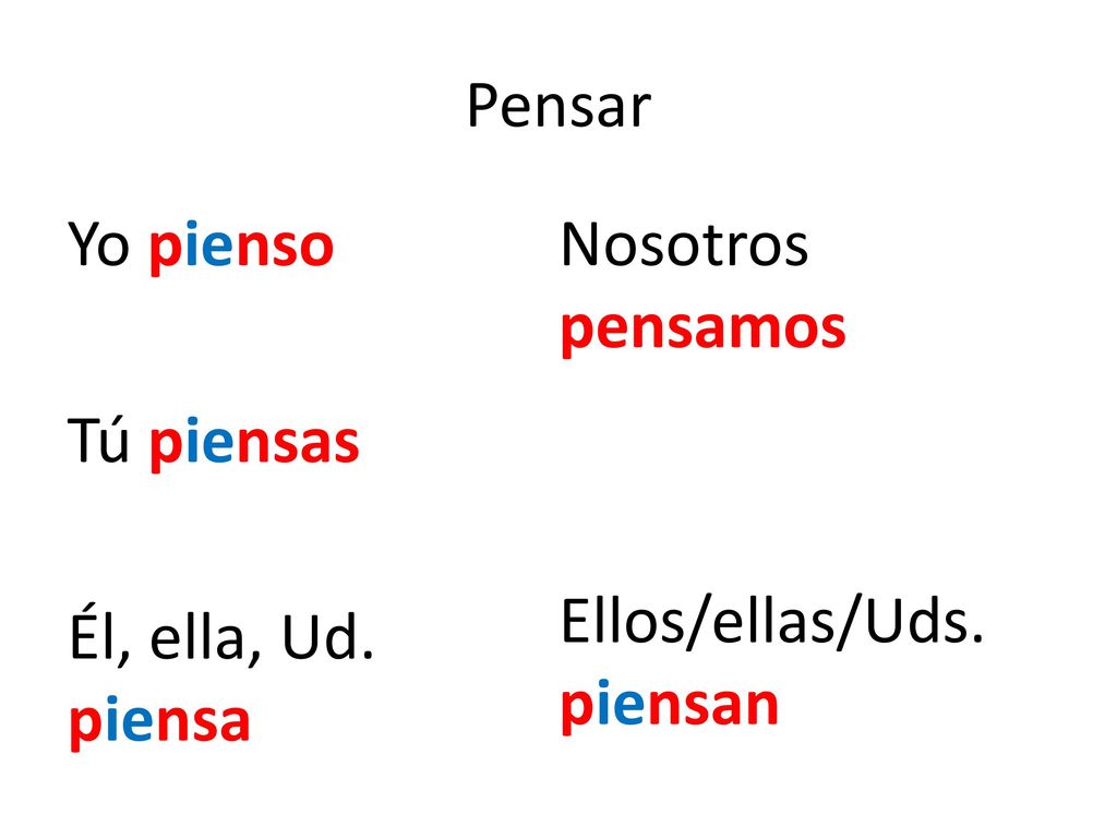 Pensar Yo pienso Tú piensas Él, ella, Ud. piensa Nosotros pensamos Ellos/ellas/Uds. piensan