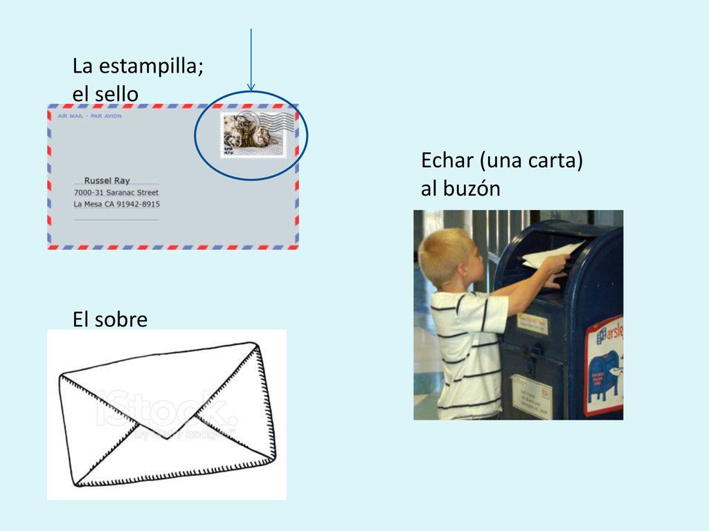 La estampilla; el sello Echar (una carta) al buzón El sobre