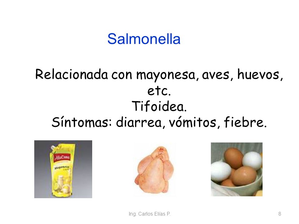 Salmonella Relacionada con mayonesa, aves, huevos, etc. Tifoidea. Síntomas: diarrea, vómitos, fiebre.
