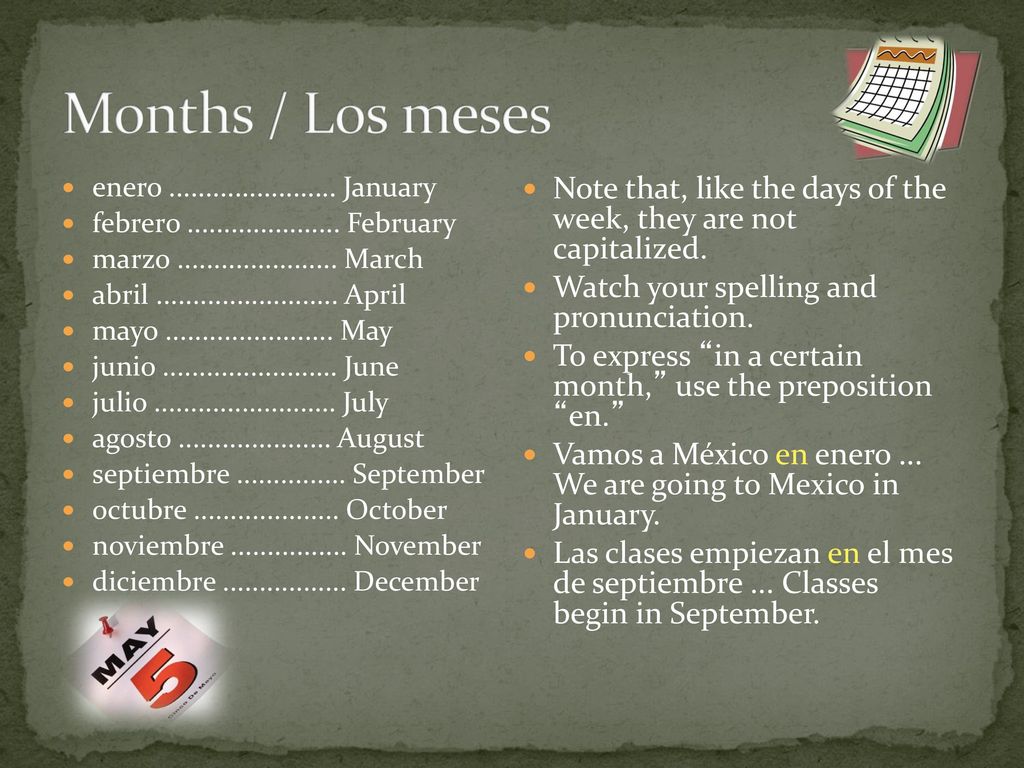 Months / Los meses enero January. febrero February. marzo March.