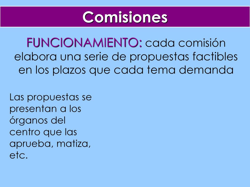 Comisiones FUNCIONAMIENTO: cada comisión elabora una serie de propuestas factibles en los plazos que cada tema demanda.