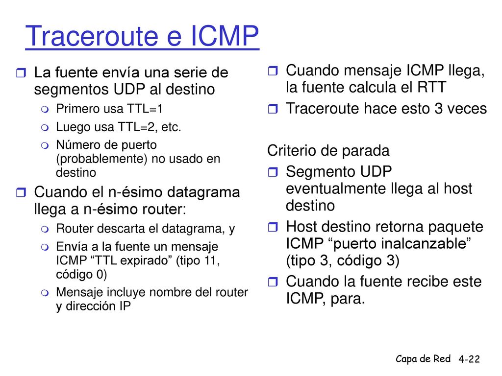 Traceroute e ICMP Cuando mensaje ICMP llega, la fuente calcula el RTT