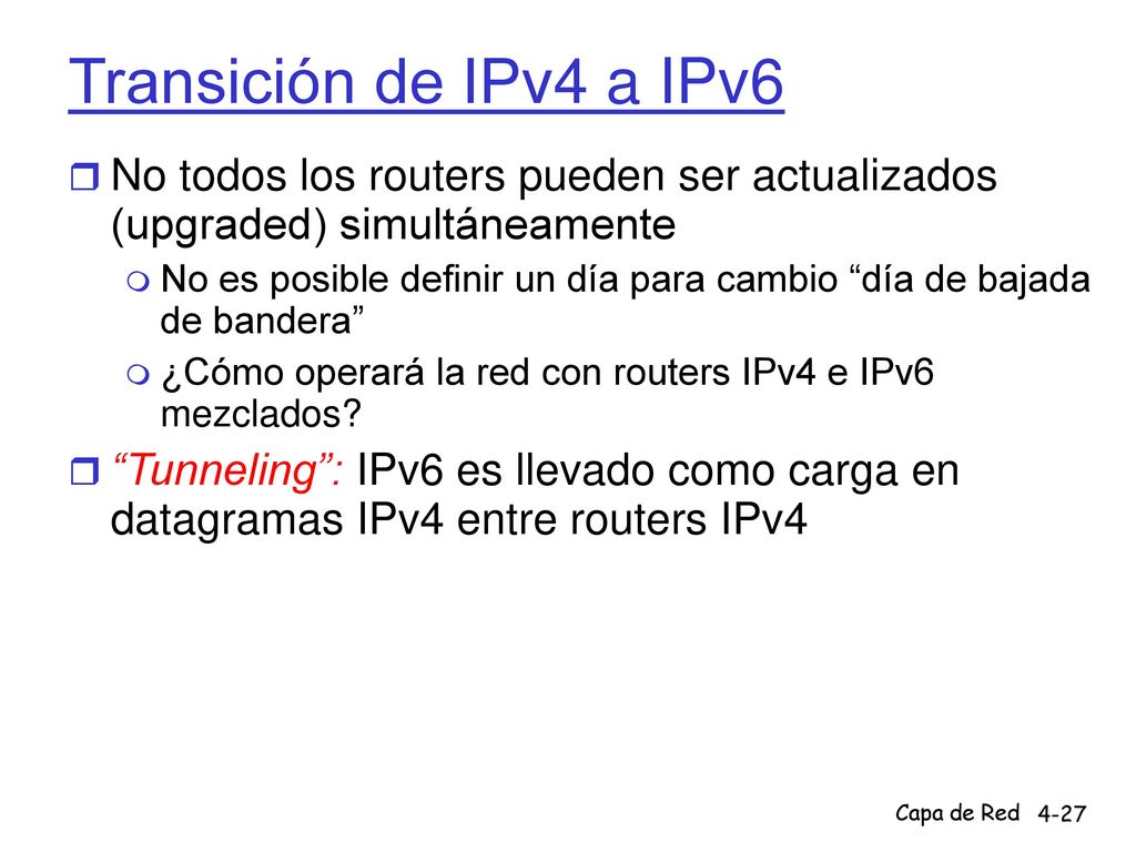 Transición de IPv4 a IPv6 No todos los routers pueden ser actualizados (upgraded) simultáneamente.
