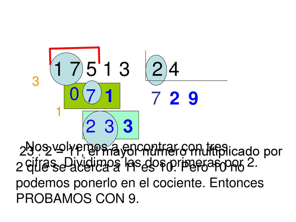 Nos volvemos a encontrar con tres cifras. Dividimos las dos primeras por 2.