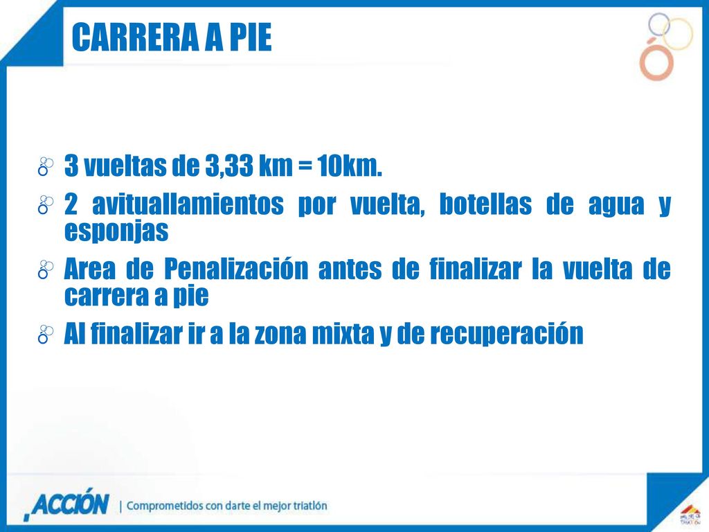 Carrera a pie 3 vueltas de 3,33 km = 10km.