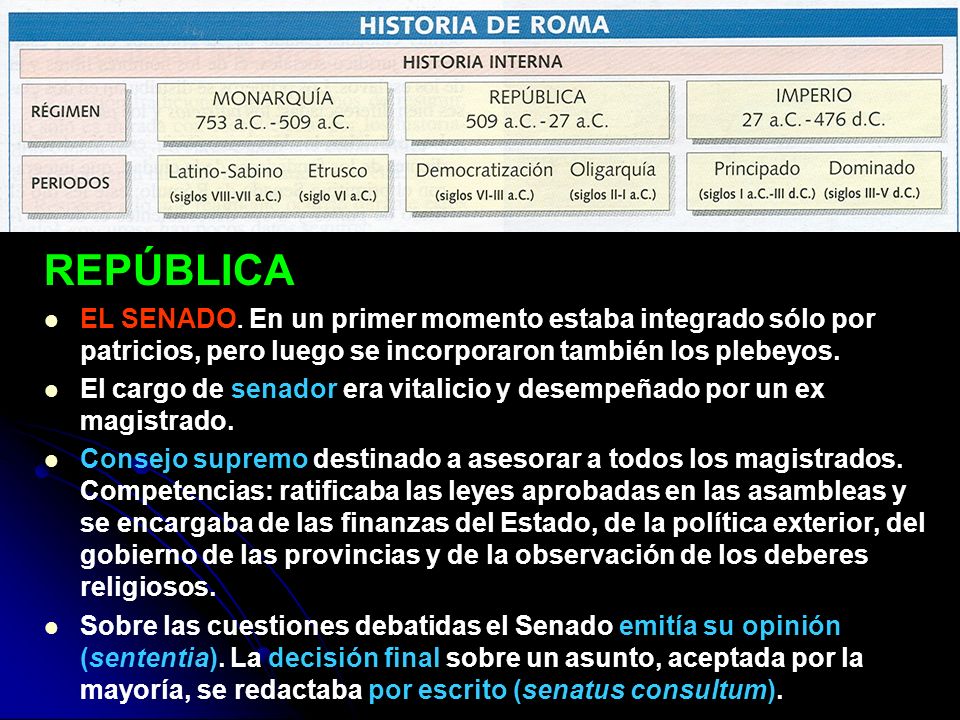 REPÚBLICA EL SENADO. En un primer momento estaba integrado sólo por patricios, pero luego se incorporaron también los plebeyos.