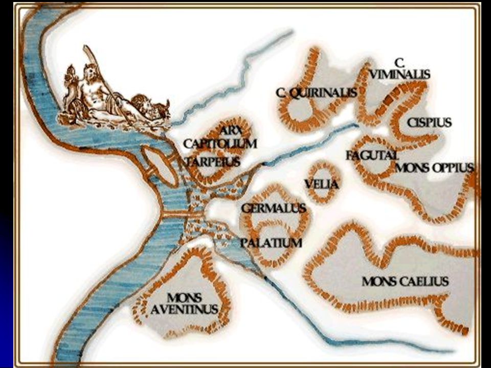 Algunas tribus de origen latino se agruparon a orillas del río Tíber: estos primeros asentamientos tuvieron lugar, en torno al siglo X a. C., en la colina del Palatino; los primeros pobladores, que vivían en chozas, se dedicaron a la ganadería y, más tarde, también a la agricultura.