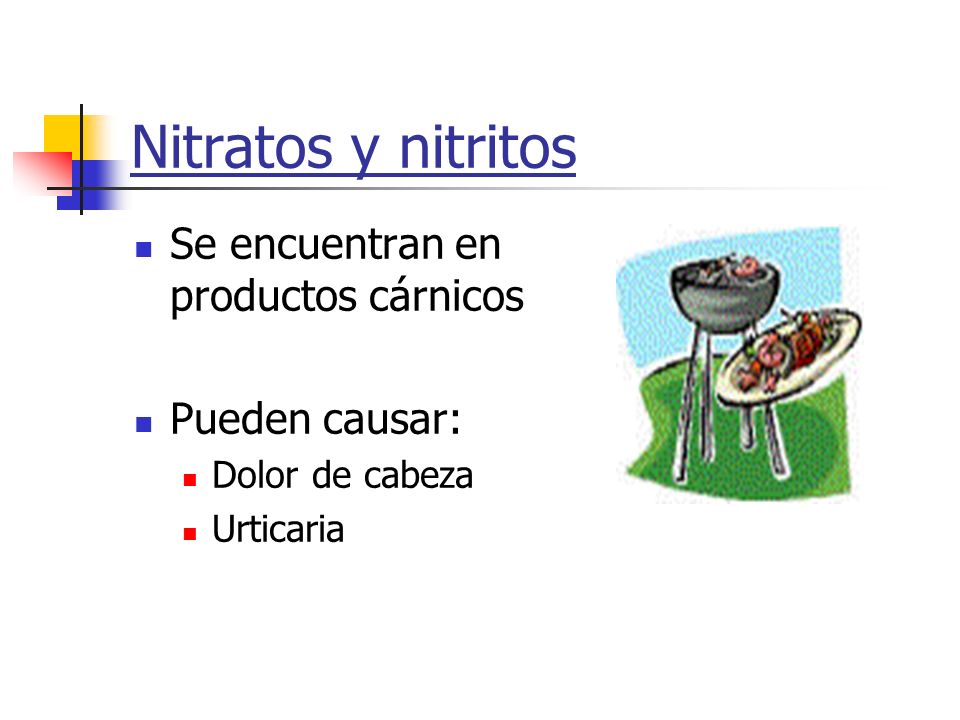 Nitratos y nitritos Se encuentran en productos cárnicos Pueden causar: