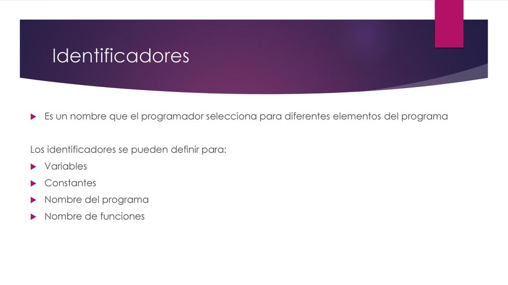 Identificadores Es un nombre que el programador selecciona para diferentes elementos del programa. Los identificadores se pueden definir para: