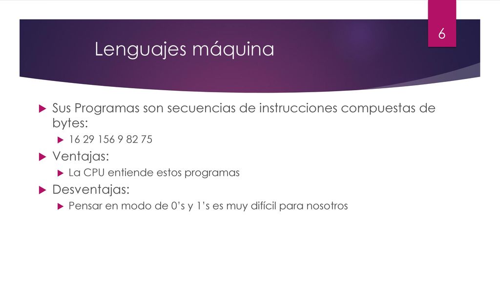 Lenguajes máquina Sus Programas son secuencias de instrucciones compuestas de bytes: