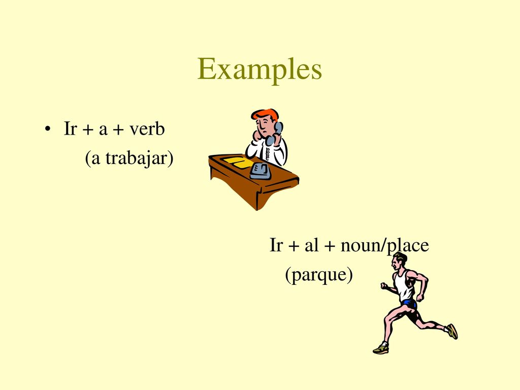 Examples Ir + a + verb (a trabajar) Ir + al + noun/place (parque)