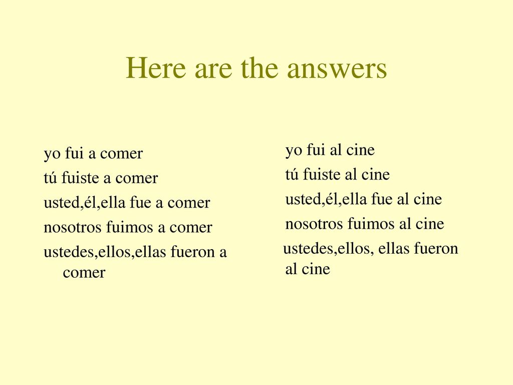 Here are the answers yo fui al cine yo fui a comer tú fuiste al cine