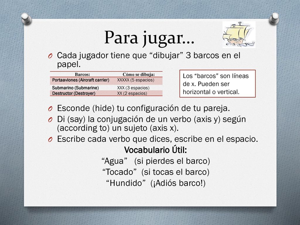 Para jugar… Cada jugador tiene que dibujar 3 barcos en el papel.