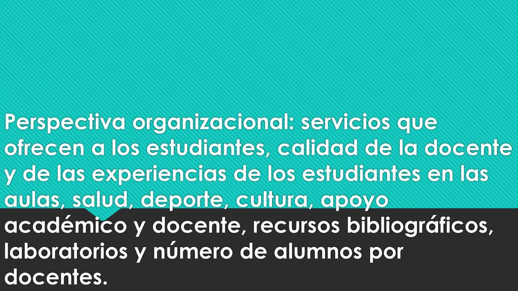 Perspectiva organizacional: servicios que ofrecen a los estudiantes, calidad de la docente y de las experiencias de los estudiantes en las aulas, salud, deporte, cultura, apoyo académico y docente, recursos bibliográficos, laboratorios y número de alumnos por docentes.