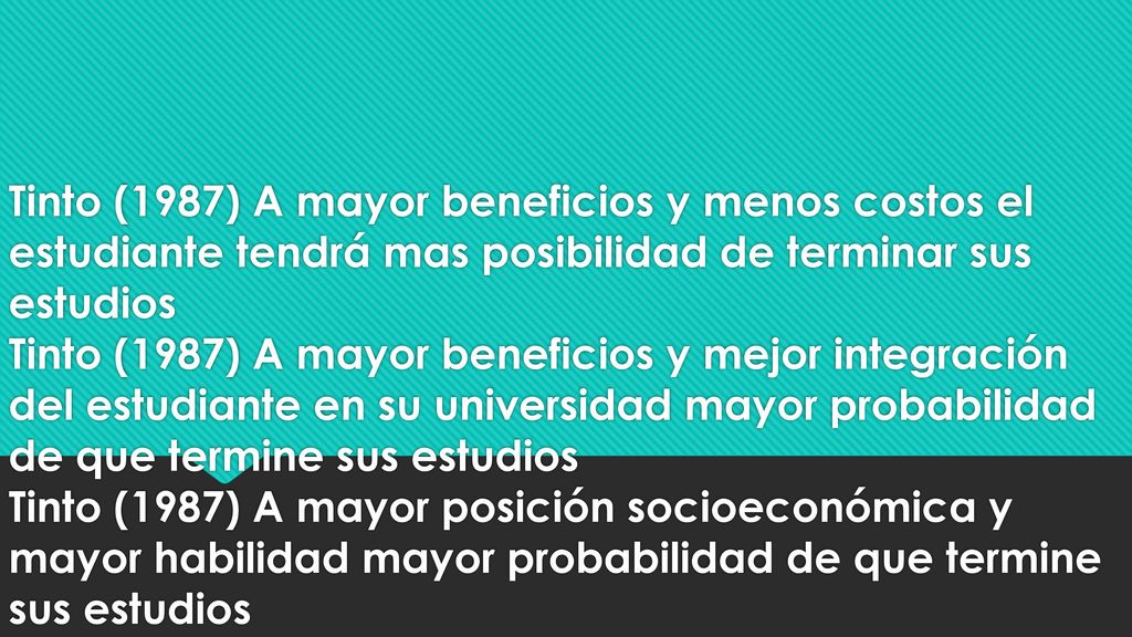 Tinto (1987) A mayor beneficios y menos costos el estudiante tendrá mas posibilidad de terminar sus estudios Tinto (1987) A mayor beneficios y mejor integración del estudiante en su universidad mayor probabilidad de que termine sus estudios Tinto (1987) A mayor posición socioeconómica y mayor habilidad mayor probabilidad de que termine sus estudios