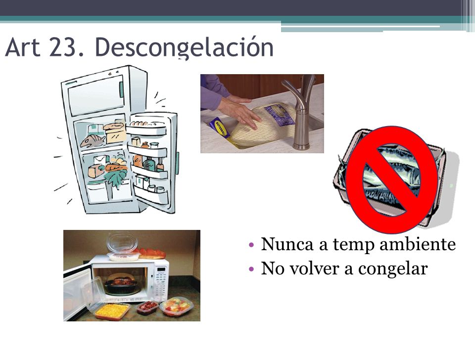 Art 23. Descongelación Nunca a temp ambiente No volver a congelar