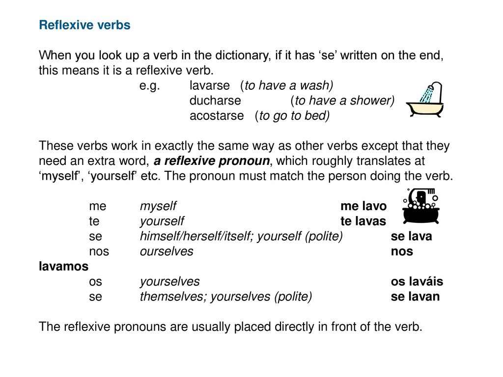 Reflexive verbs When you look up a verb in the dictionary, if it has ‘se’ written on the end, this means it is a reflexive verb.