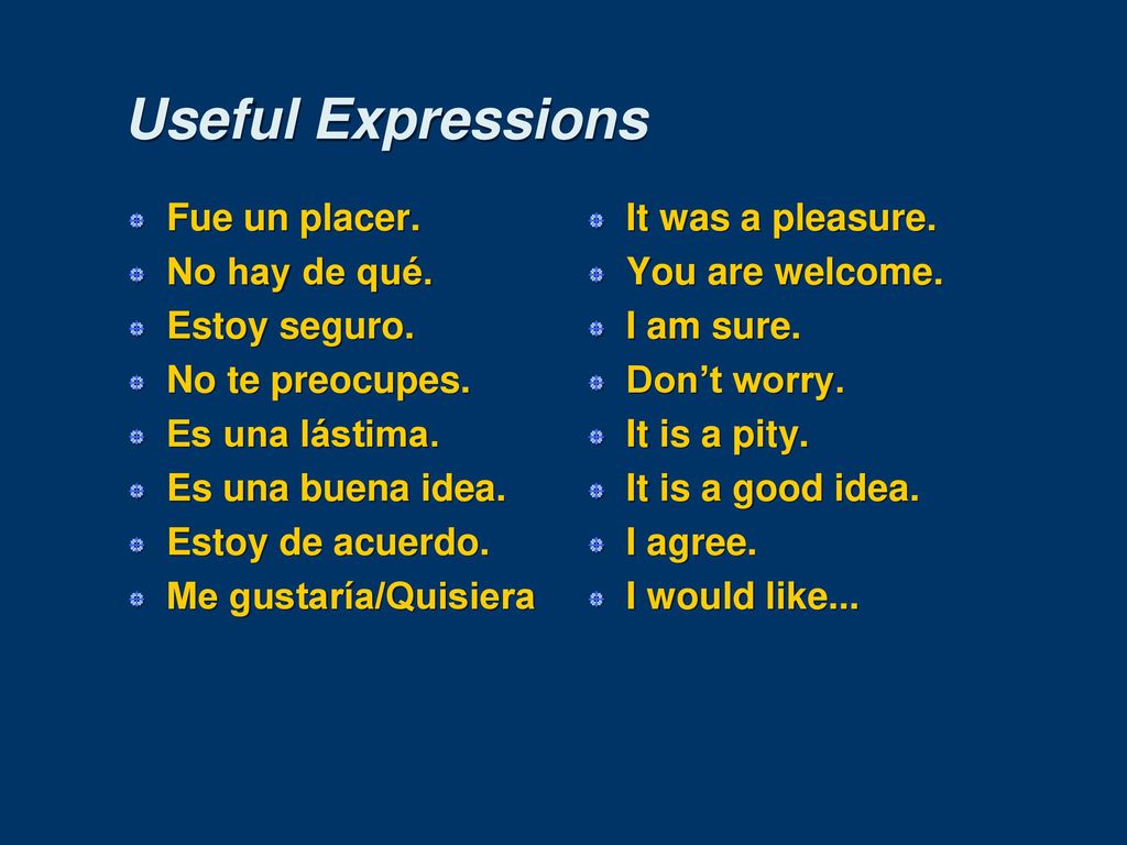 Useful Expressions Fue un placer. No hay de qué. Estoy seguro.