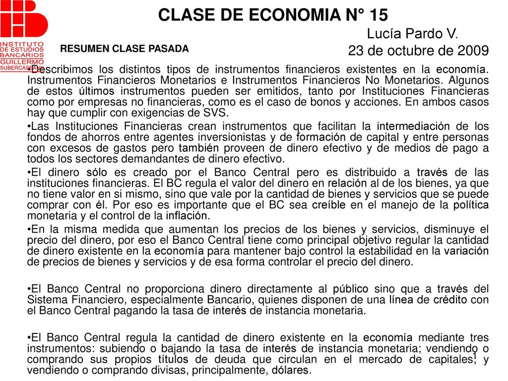 CLASE DE ECONOMIA N° 15 Lucía Pardo V. 23 de octubre de 2009