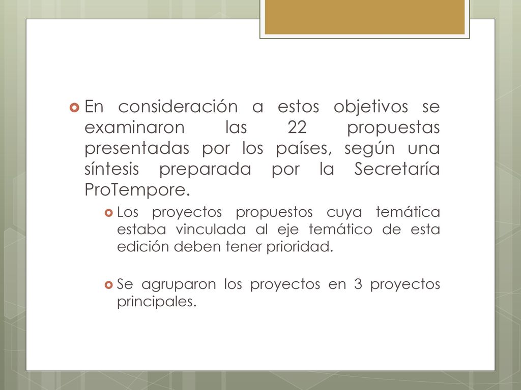 En consideración a estos objetivos se examinaron las 22 propuestas presentadas por los países, según una síntesis preparada por la Secretaría ProTempore.