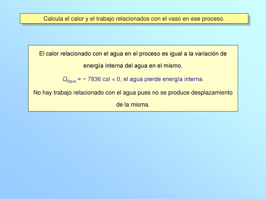 Calcula el calor y el trabajo relacionados con el vaso en ese proceso.