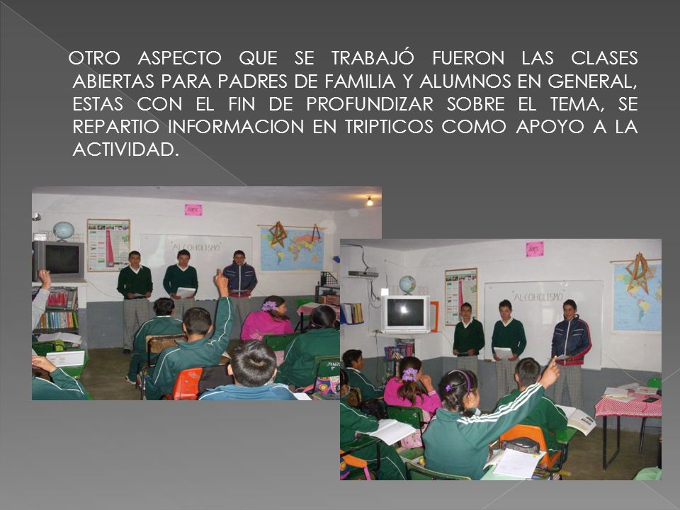 OTRO ASPECTO QUE SE TRABAJÓ FUERON LAS CLASES ABIERTAS PARA PADRES DE FAMILIA Y ALUMNOS EN GENERAL, ESTAS CON EL FIN DE PROFUNDIZAR SOBRE EL TEMA, SE REPARTIO INFORMACION EN TRIPTICOS COMO APOYO A LA ACTIVIDAD.