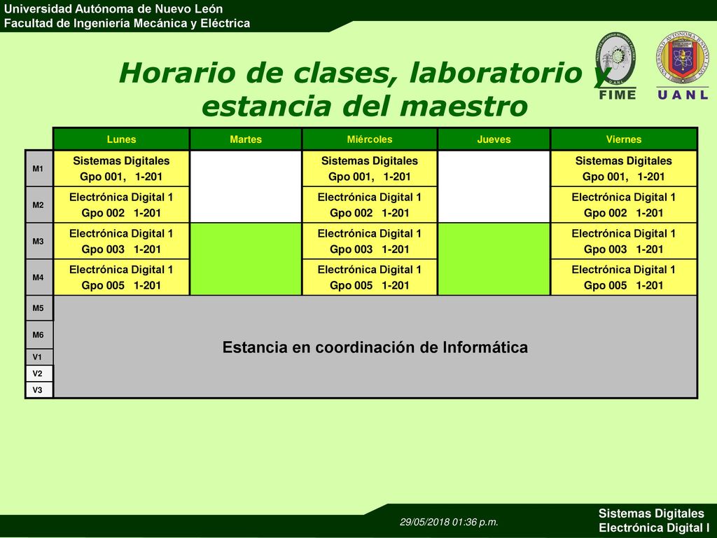 Horario de clases, laboratorio y estancia del maestro