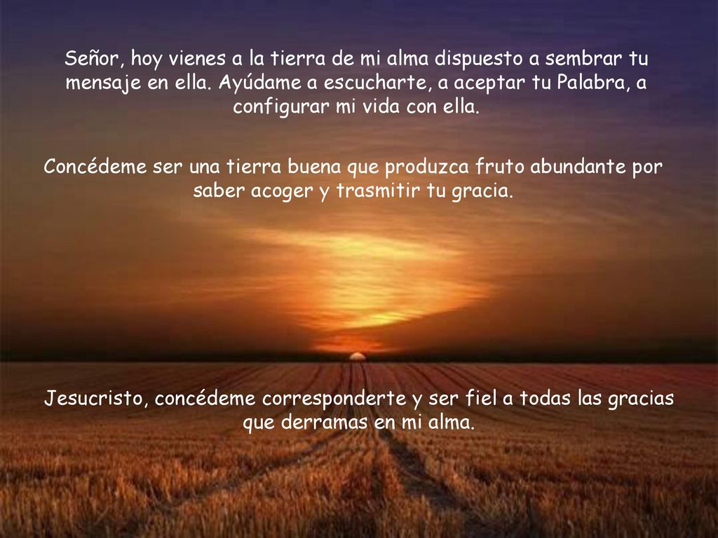 Señor, hoy vienes a la tierra de mi alma dispuesto a sembrar tu mensaje en ella. Ayúdame a escucharte, a aceptar tu Palabra, a configurar mi vida con ella.