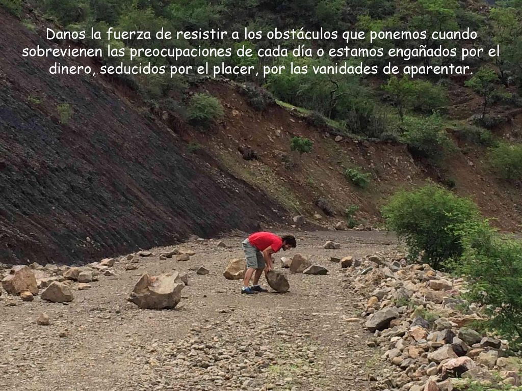 Danos la fuerza de resistir a los obstáculos que ponemos cuando sobrevienen las preocupaciones de cada día o estamos engañados por el dinero, seducidos por el placer, por las vanidades de aparentar.