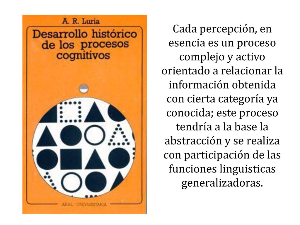 Cada percepción, en esencia es un proceso complejo y activo orientado a relacionar la información obtenida con cierta categoría ya conocida; este proceso tendría a la base la abstracción y se realiza con participación de las funciones linguisticas generalizadoras.
