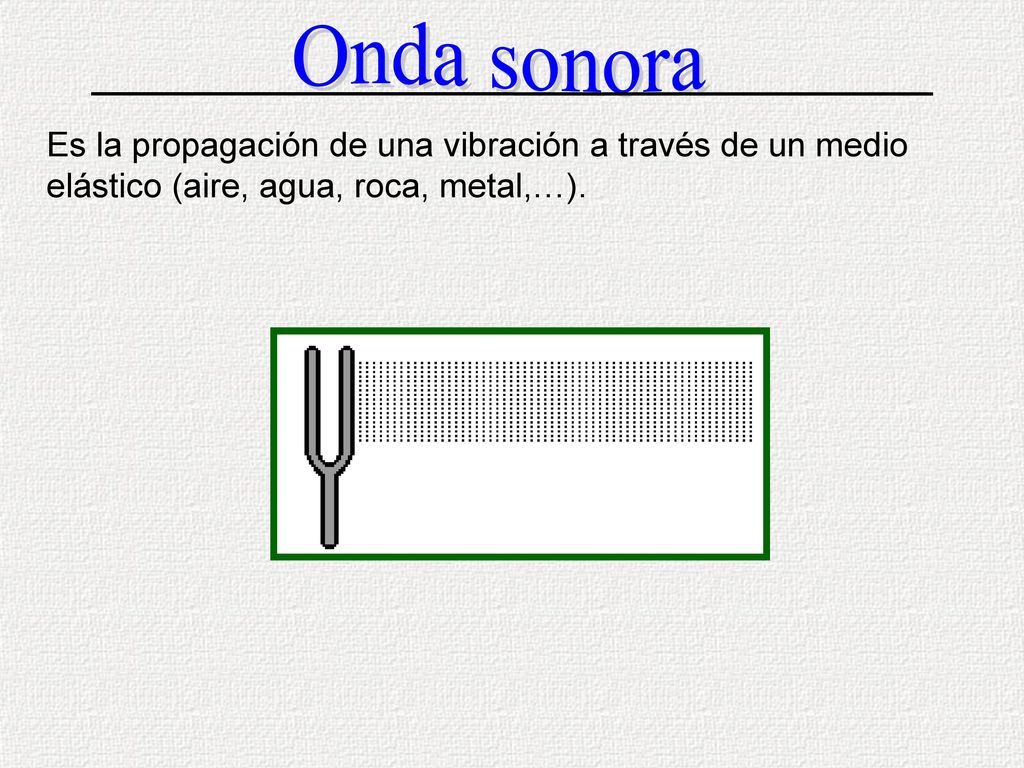 Onda sonora Es la propagación de una vibración a través de un medio elástico (aire, agua, roca, metal,…).