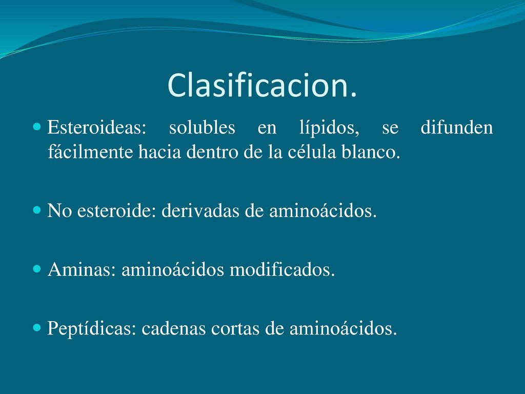 Clasificacion. Esteroideas: solubles en lípidos, se difunden fácilmente hacia dentro de la célula blanco.