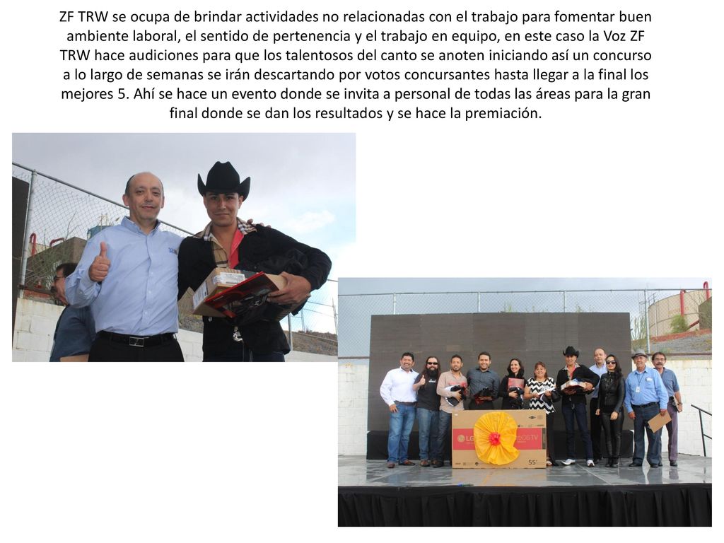 ZF TRW se ocupa de brindar actividades no relacionadas con el trabajo para fomentar buen ambiente laboral, el sentido de pertenencia y el trabajo en equipo, en este caso la Voz ZF TRW hace audiciones para que los talentosos del canto se anoten iniciando así un concurso a lo largo de semanas se irán descartando por votos concursantes hasta llegar a la final los mejores 5.