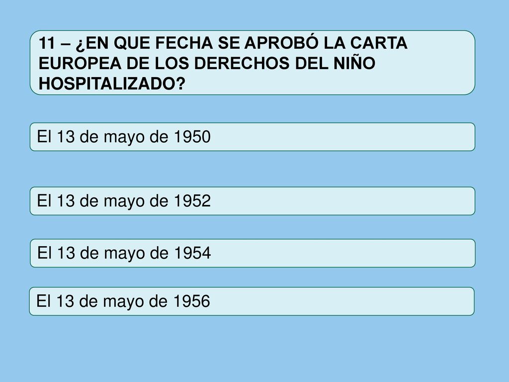 11 – ¿EN QUE FECHA SE APROBÓ LA CARTA EUROPEA DE LOS DERECHOS DEL NIÑO HOSPITALIZADO