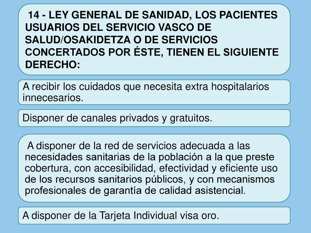 14 - LEY GENERAL DE SANIDAD, LOS PACIENTES USUARIOS DEL SERVICIO VASCO DE SALUD/OSAKIDETZA O DE SERVICIOS CONCERTADOS POR ÉSTE, TIENEN EL SIGUIENTE DERECHO:
